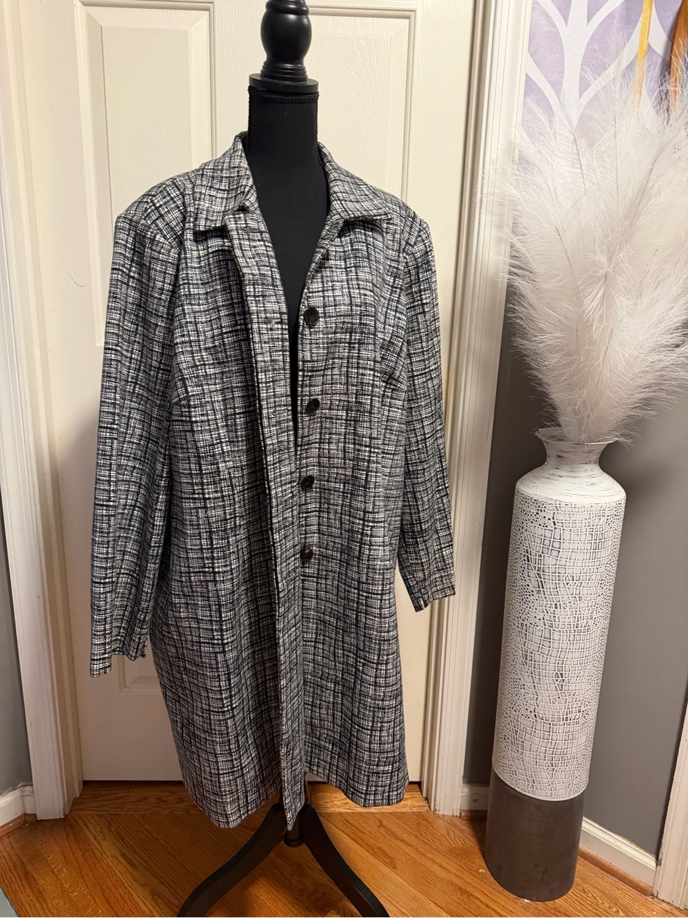 Adrienne Vittadini Woman Black White Longline Duster Coat 3X